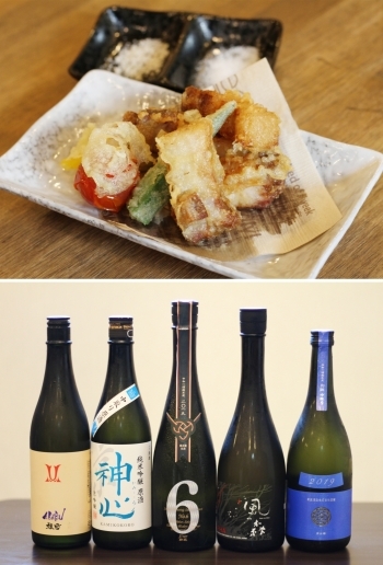 上：豚の角煮天ぷら
下：自慢の日本酒と一緒にどうぞ「食べ飲み処 すみっこ」