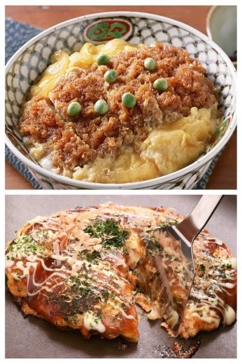 上）ボリューム満点のカツ丼！
下）人気メニューのお好み焼き！「お食事・おやつ工房 まっちゃん」