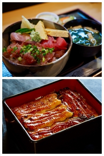 上）ランチの「まぐろ丼」
下）上うな重「割烹寿司 おゝ多」