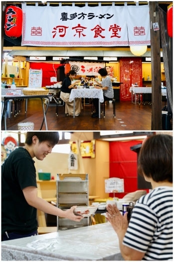 一階には単品メニューのラーメンが楽しめる河京食堂もあります！「河京ラーメン館 猪苗代店」