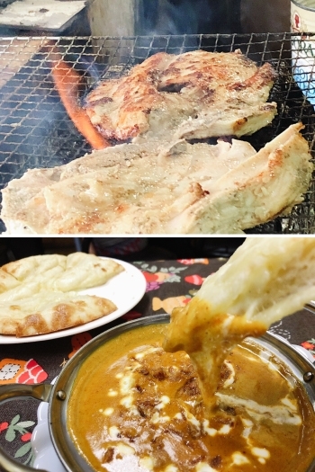 上／ケバブ用チキンを焼いています　下／チーズナンとインドカレー「串焼き めぐとん」