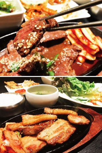 ランチの牛ハラミ定食とサムギョプサル定食。大人気です。「韓国家庭料理 いもや」