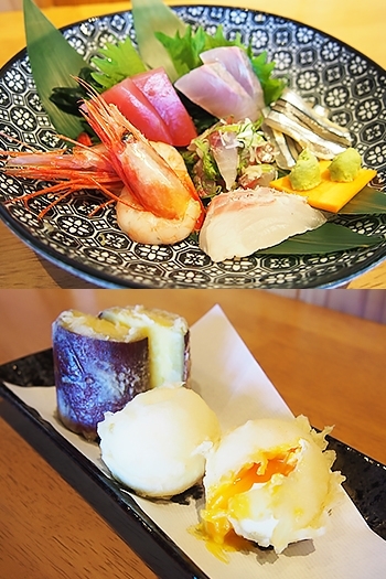 鮮度抜群の刺身盛りとわっか一押しの半熟卵の天ぷら「市場の天ぷら専門店 和風居酒屋わっか」