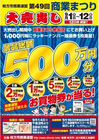 「第49回商業まつり枚方　　500万円分　お買物券が当たる!!　　」