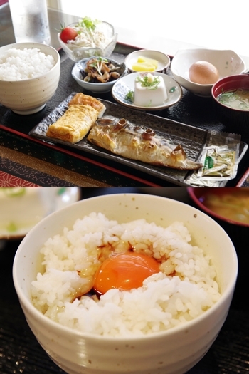 朝ご飯　750円
ごはんはお代わりOK、 二杯目は卵かけご飯で「たべものや ぷらいべーと」