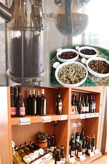 上）ノボローストマスター（焙煎機）
下）ワインも販売しています「自家焙煎珈琲豆専門店 Cafe Beans」