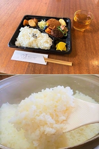 上：1coin弁当（平日のみ）
下：ガス釜で炊き上げるお米「口喜」