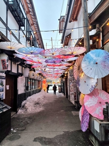 逆方向からで、雪が映っています「幻の冬一夜限り！！堺町商店街夏恒例逆さまの日本傘」