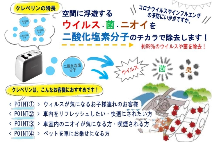 クレベリンの優れた特長「車内の除菌消臭、ウイルス対策に車両用クレベリン！」