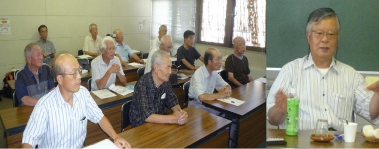 元狭山市博物館長から狭山市の歴史について学ぶ。熱心に聴講する会員たち。