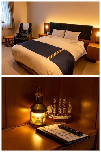 デラックスは、マッサージチェア付き。
帆船の船長室をイメージ。「東京海員会館」