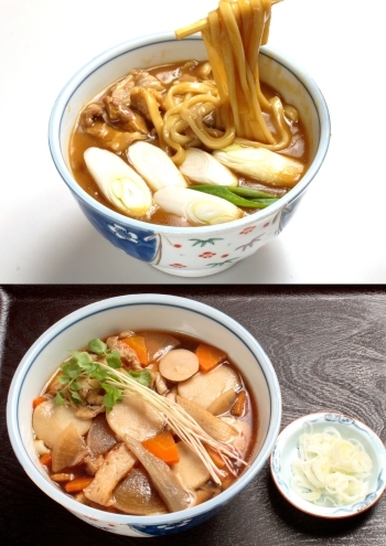 上段：カレー南蛮うどん　950円
下段：けんちんそば　950円「そば処 大島屋」