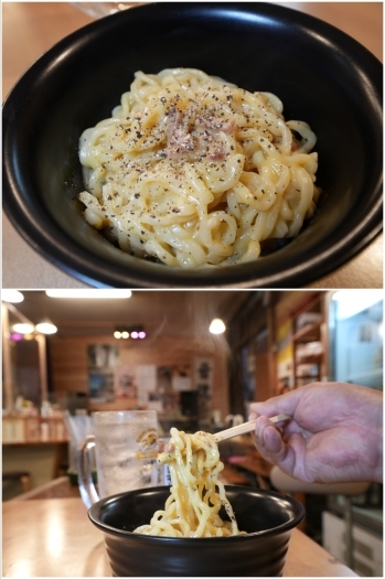 喜多方ラーメンの麺で作ったスパゲッティ 各種700円「音楽酒場おんつぁげす」