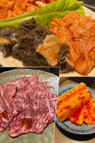 上：近江牛ホルモン　タレ
左下：焼きしゃぶロース　右下：長芋キムチ「焼肉料理 味一人」