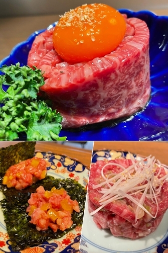 【生食用食肉認証店】上：和牛ユッケ
左下：肉たく　右下：塩ユッケ「焼肉料理 味一人」