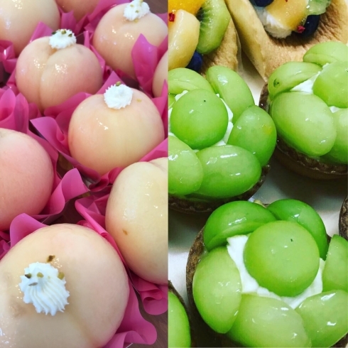 桃まるごとタルト     シャインマスカットタルト「和三盆のわらび餅冷えています☺︎」