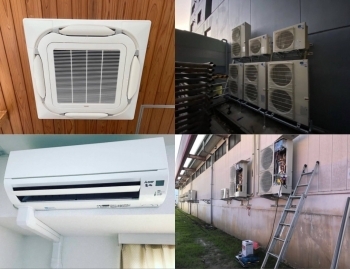 家庭用エアコン・業務用エアコンの修理、取り付けなど。「明光電設」