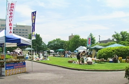 魚津市役所前公園でのフリーマーケット風景。