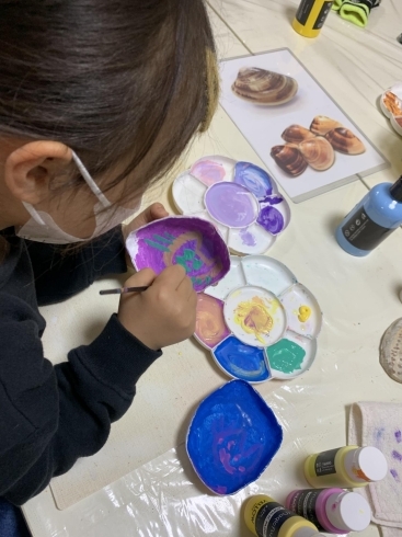 きれいな色の貝✨✨「子ども　美術教室　造形教室　八千代　勝田台　3月　最初の授業は“もものせっく』」