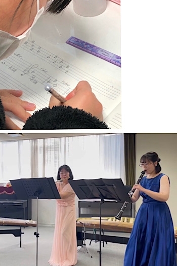 上）楽譜の読み書きから丁寧に教えています。
下）演奏会の様子。「石田フルート音楽教室」