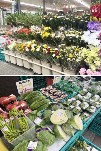 上：生花コーナー
下：新鮮野菜も充実！「生産者市場 だんだん」