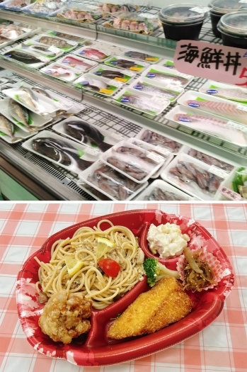 上：鮮魚・加工品コーナー・下：あじスパ弁当「平戸西端夢浪漫 百旬館」