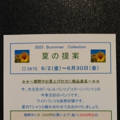 SUMMER COLLECTION 2023 ￥5000お買上げ毎に￥500のお買物券進展