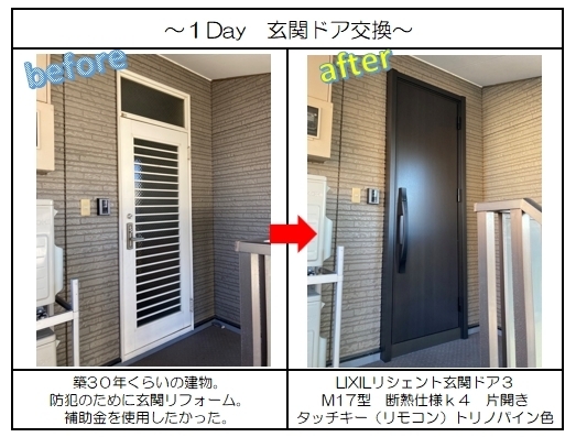 別玄関はM17型、色はトリノパイン色で合わせました「【名古屋市】２世帯住居の玄関ドアリフォームをリシェントの防火戸でリフォーム✨」