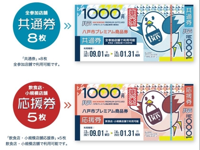 共通券と応援券「『八戸市プレミアム商品券』ご利用下さい。」