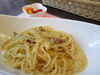 「雨の日限定パスタ、「ベーコンとじゃがいものカルボナーラ風」」