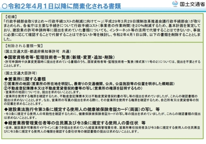 国土交通省HPより「☆経審情報☆　令和2年4月施行　国家資格者等・監理技術者一覧表の提出が不要に」