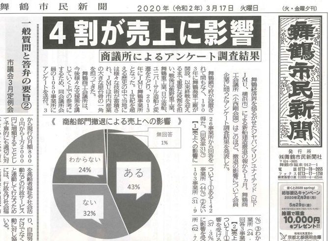 4割が売上に影響「【舞鶴市民新聞・発行案内】  3/17（火）第3399号」
