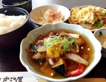 白身魚と夏野菜のあんかけカレー風味と<br>マカロニ玉子サラダのセット（一例）　842円（税込）