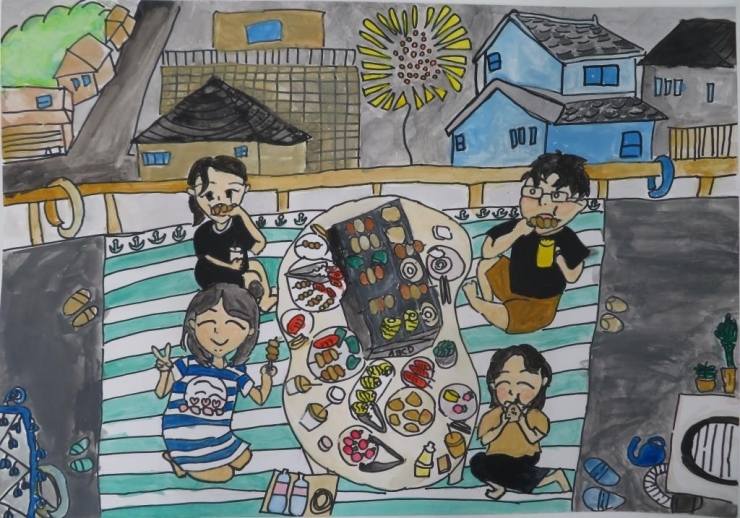 南小学校４年　金井　由奈さん<br>「家族と家のベランダバーベキューとそこから見える花火」