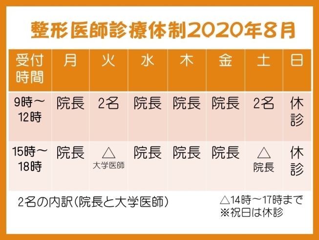 整形医師診療体制「8月からの医師体制　えだクリニック整形外科・リハビリテーション科　出雲市駅前」