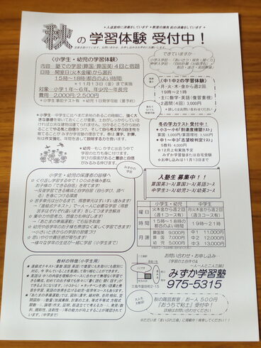 18日に新聞折込、25日にポスティングしました。「「短期で学習することは可能ですか…?」 ~『秋の学習体験』実施中!~」