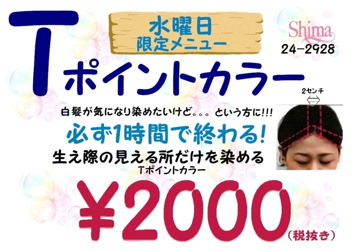 「ヘアカラー根元伸びて気になる方必見！水曜日は、Tポイントカラーの日！」