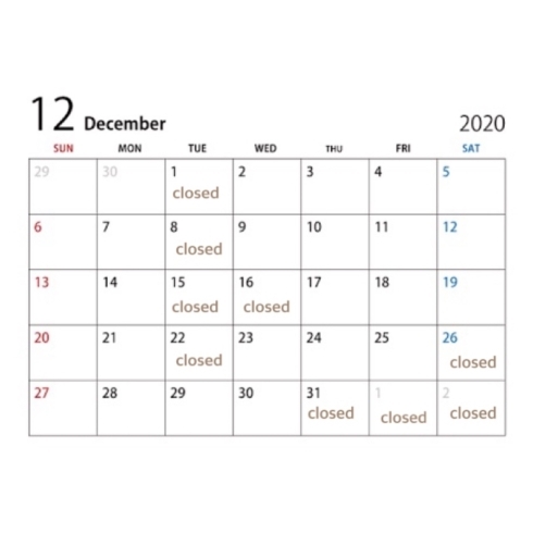 定休日カレンダー「12月定休日のお知らせ」