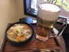 やっぱりもつ煮には、冷たいビール！相性抜群です♪「おじぎ茶屋名物『もつ煮込み』♪♪{柴又駅近♪柴又お持ち帰り♪葛飾散歩♪昼飲み♪柴又映える喫茶♪柴又レトロ♪柴又食べ歩き最高♪子連れok♪ランチ♪お持ち帰り♪テラス席♪｝」