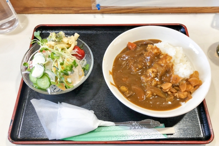 今日のランチはカレーライスにサラダがついている「安定の人気メニュー、ビーフなカレーライス。本日4月9日金曜の日替わりをお知らせします。」