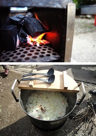 上が焼き鳥器を横から見たところ、下が炊き出し鍋です。<br>一般のお客さん向けにはこういった製品を作られています。