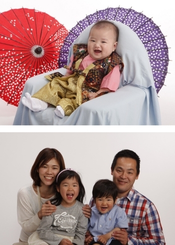 上：100日記念の可愛い笑顔
下：普段着で気軽に家族写真♪「スタジオ・アン 八王子南館」