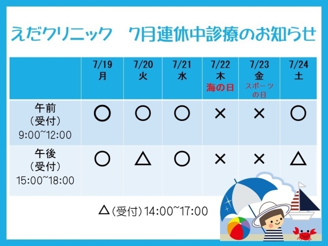 「7月連休中診療のお知らせ」