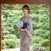 涼風 高級 綿麻 浴衣 単品｜生成り・ベージュ地に伝統の線菊柄｜綿80% 麻20%