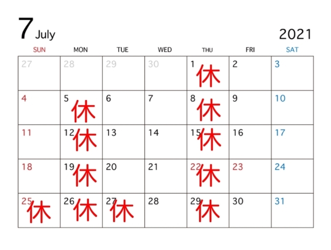 ７月カレンダー「レディース整体ここあ７月の予定」