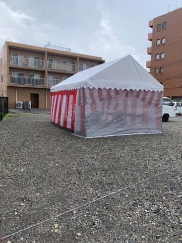「東広島市西条西本町の地鎮祭してきました～！！テント新調しました！！真っ白なテントが気持ちいいですね！」