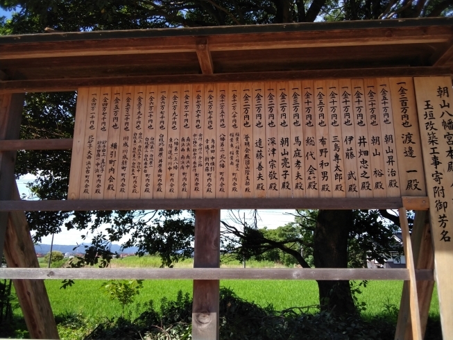 御芳名の木札です。「朝山八幡宮の寄附御芳名札筆耕」