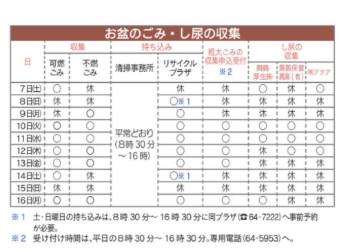 「【舞鶴市】お盆のごみ・し尿の収集日程について※広報まいづる8月号より抜粋」