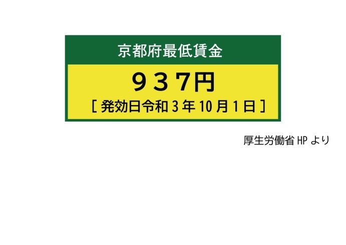 「京都府最低賃金は、令和3年10月1日から　時間額　937円です。」