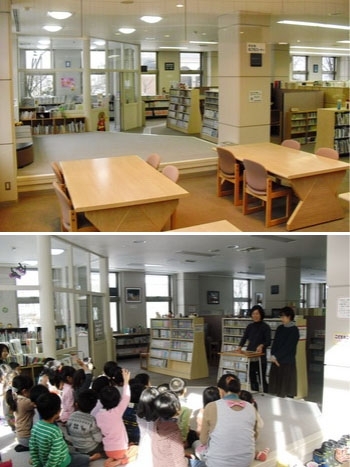 上：図書館風景
下：子ども会での読み聞かせ「うなづき友学館」